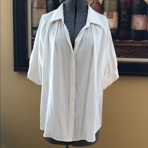 White Silk Button V-Neck Blouse